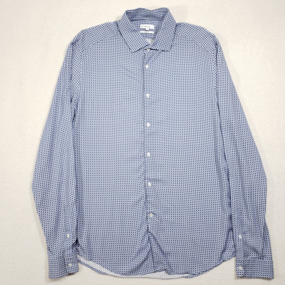 Reiss Button‎ Up Shirt Mens XL Blue Orlando Slim Fit Viscose Geometric Print